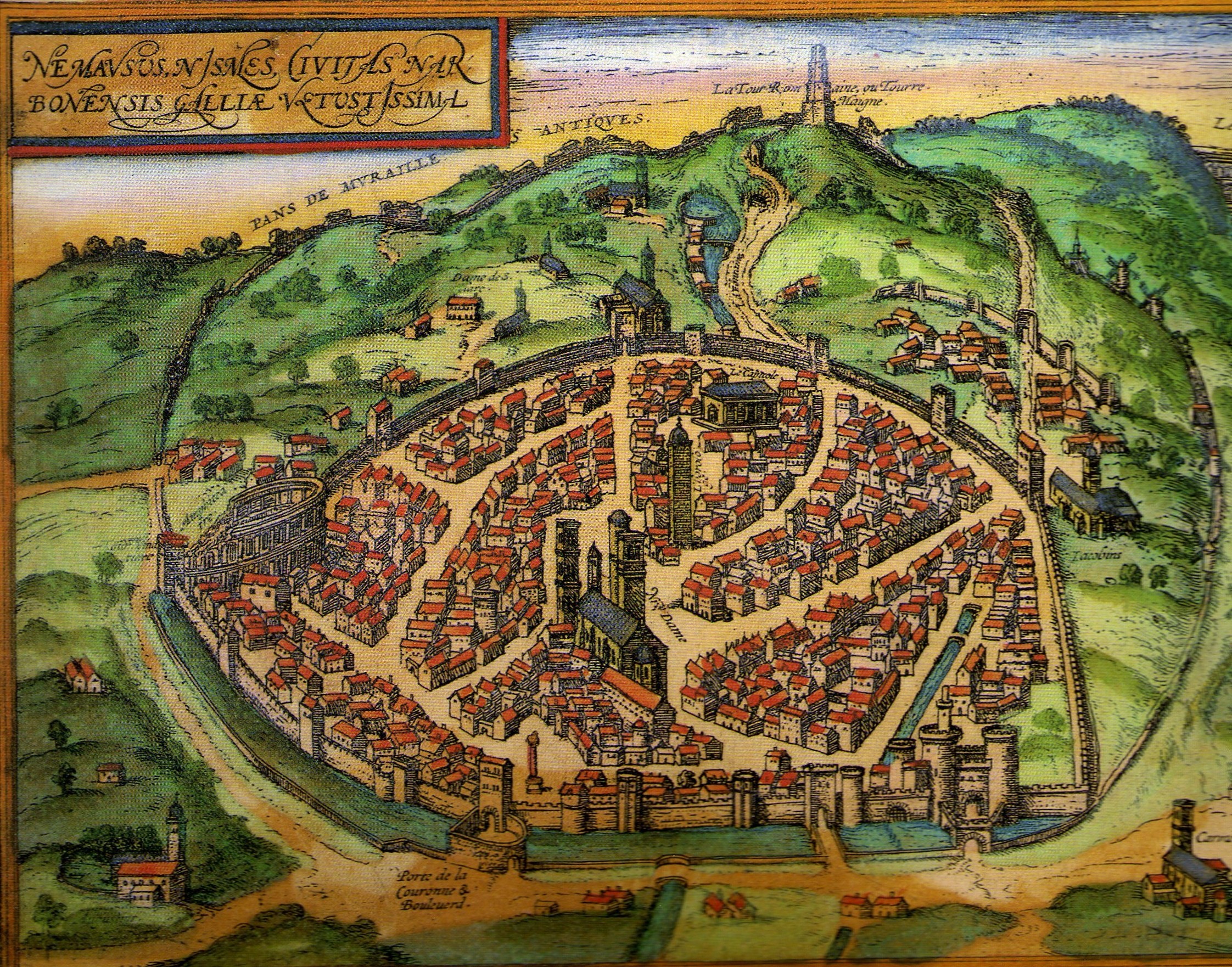Nemausus, Nismes Civitas Narbonensis surrounded by its walls, after Sebastian Münster (1569)